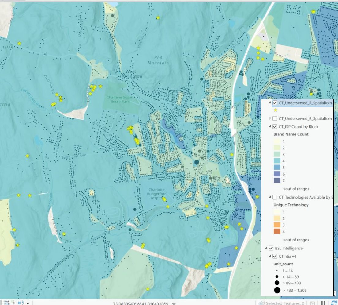 Map of ISP count by census block with underserved locations for a broadband scoring tool