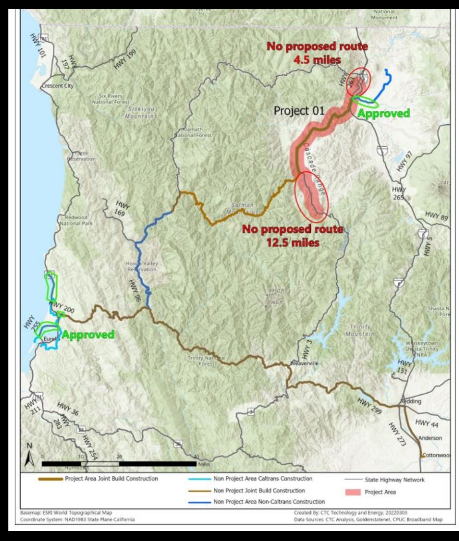 Topographic route map of California middle-mile broadband construction segments