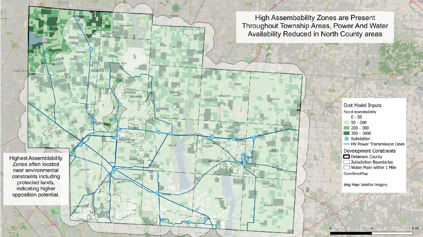 Parcel assemblability heat map with substations and transmission lines
