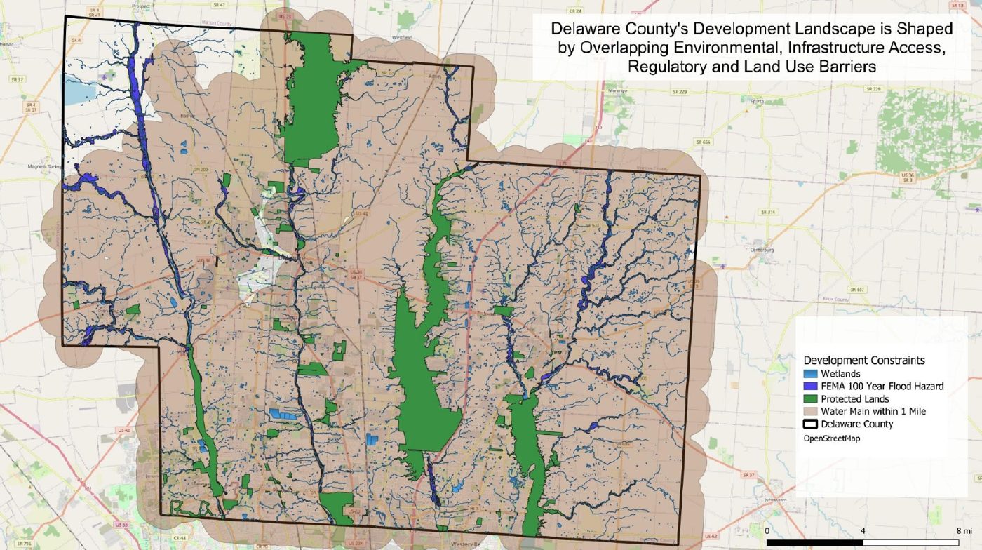 County map of development constraints including wetlands, flood hazard and protected lands