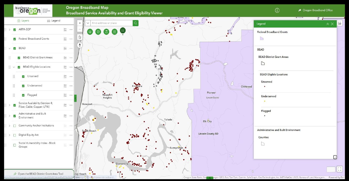 Oregon broadband service availability and BEAD grant eligibility web map