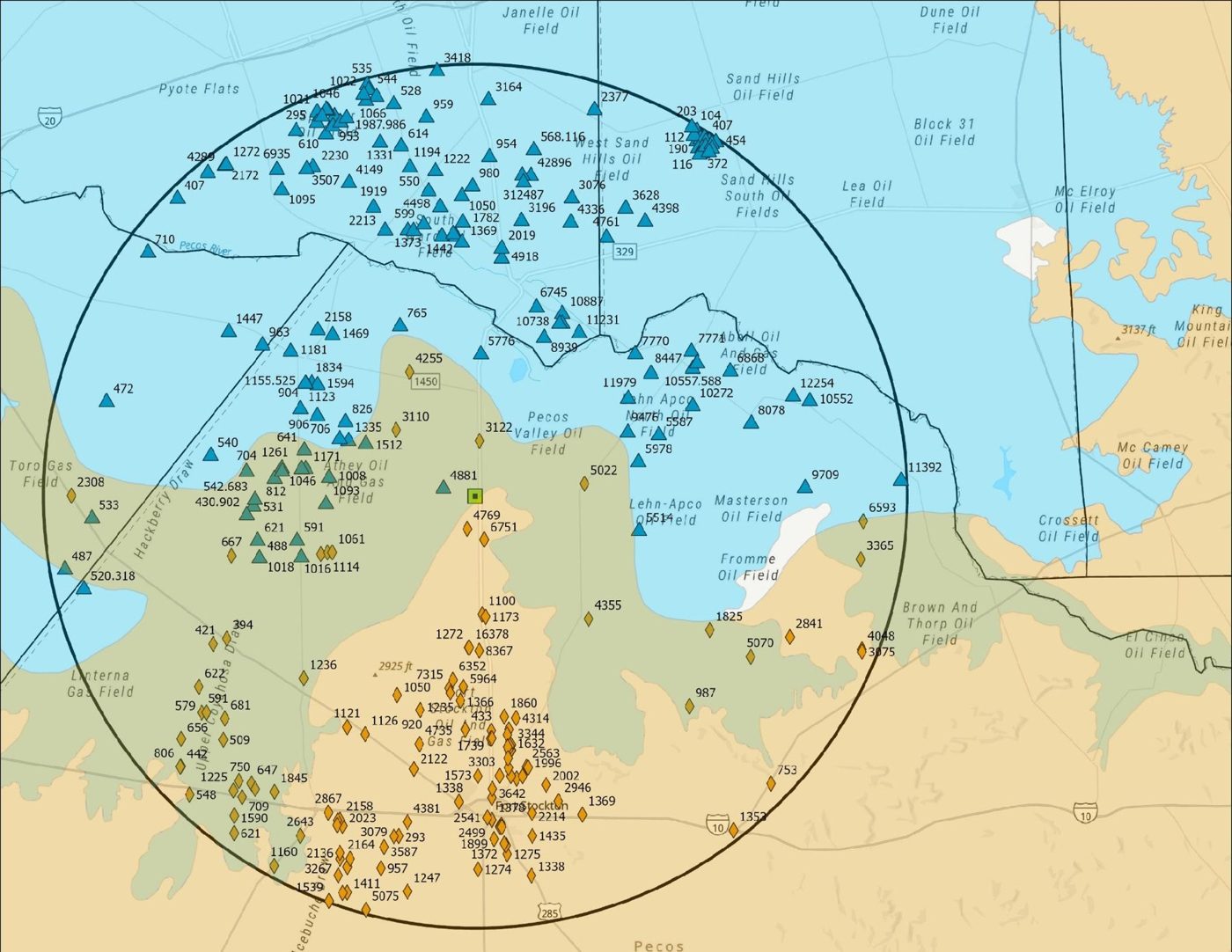 Map of water wells labelled by TDS across Edwards-Trinity and Pecos Valley aquifers within a 25-mile radius