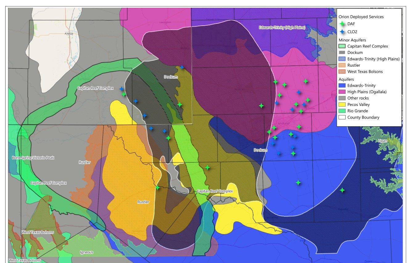 Major and minor aquifers of the Permian Basin shown as overlapping colored extents