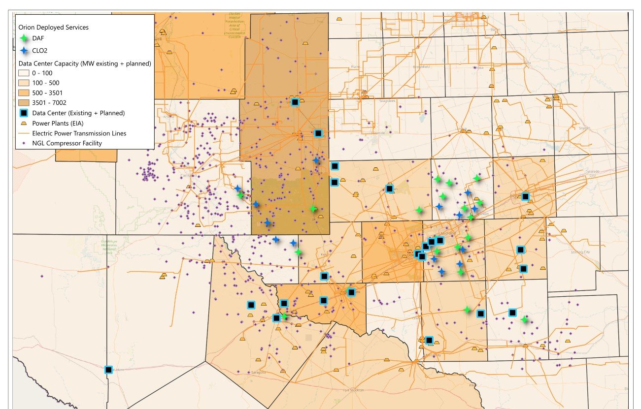 Map of data center capacity, power plants and transmission lines across the Permian region
