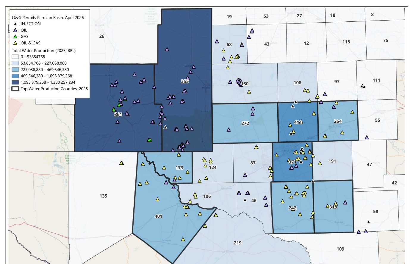 Map of recently approved oil and gas drilling permits over total produced water by county