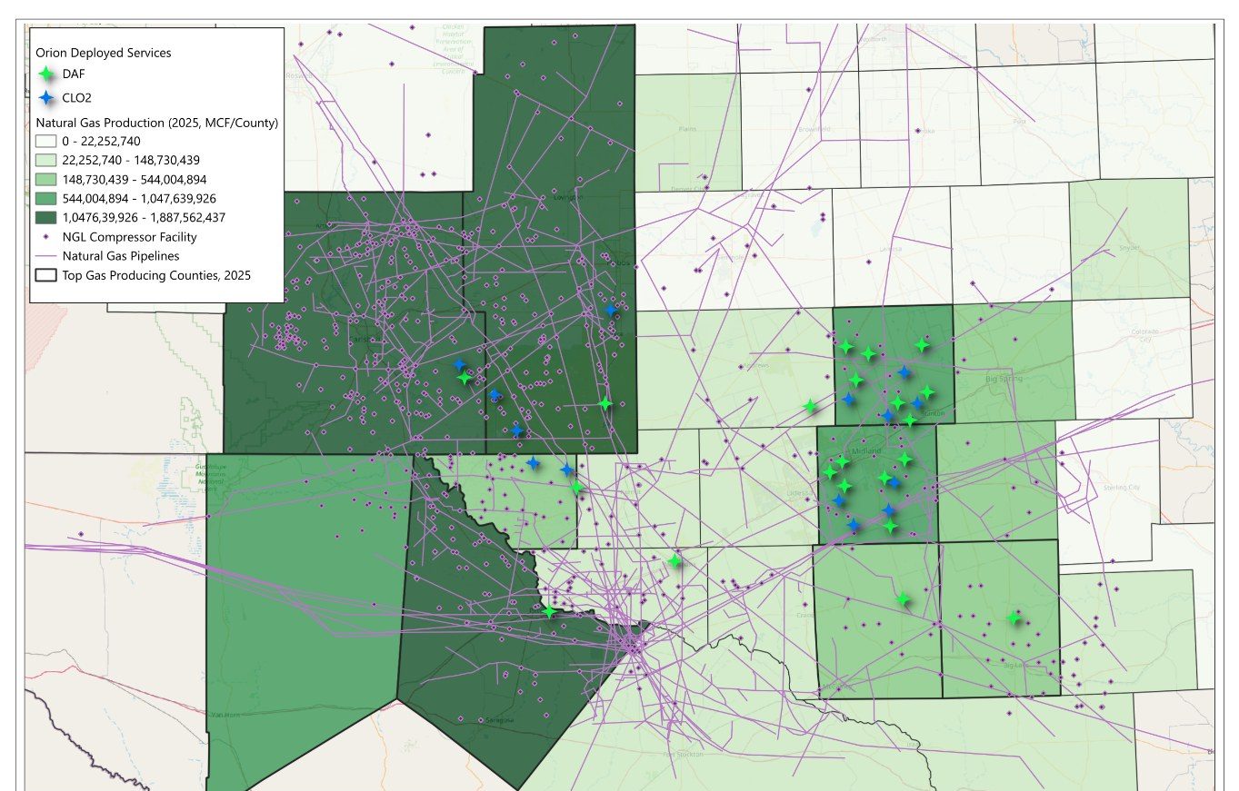 Map of natural gas production with pipelines, compressor facilities and transmission lines