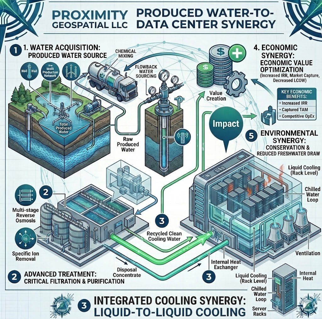 Infographic showing treated produced water supplying data center liquid cooling